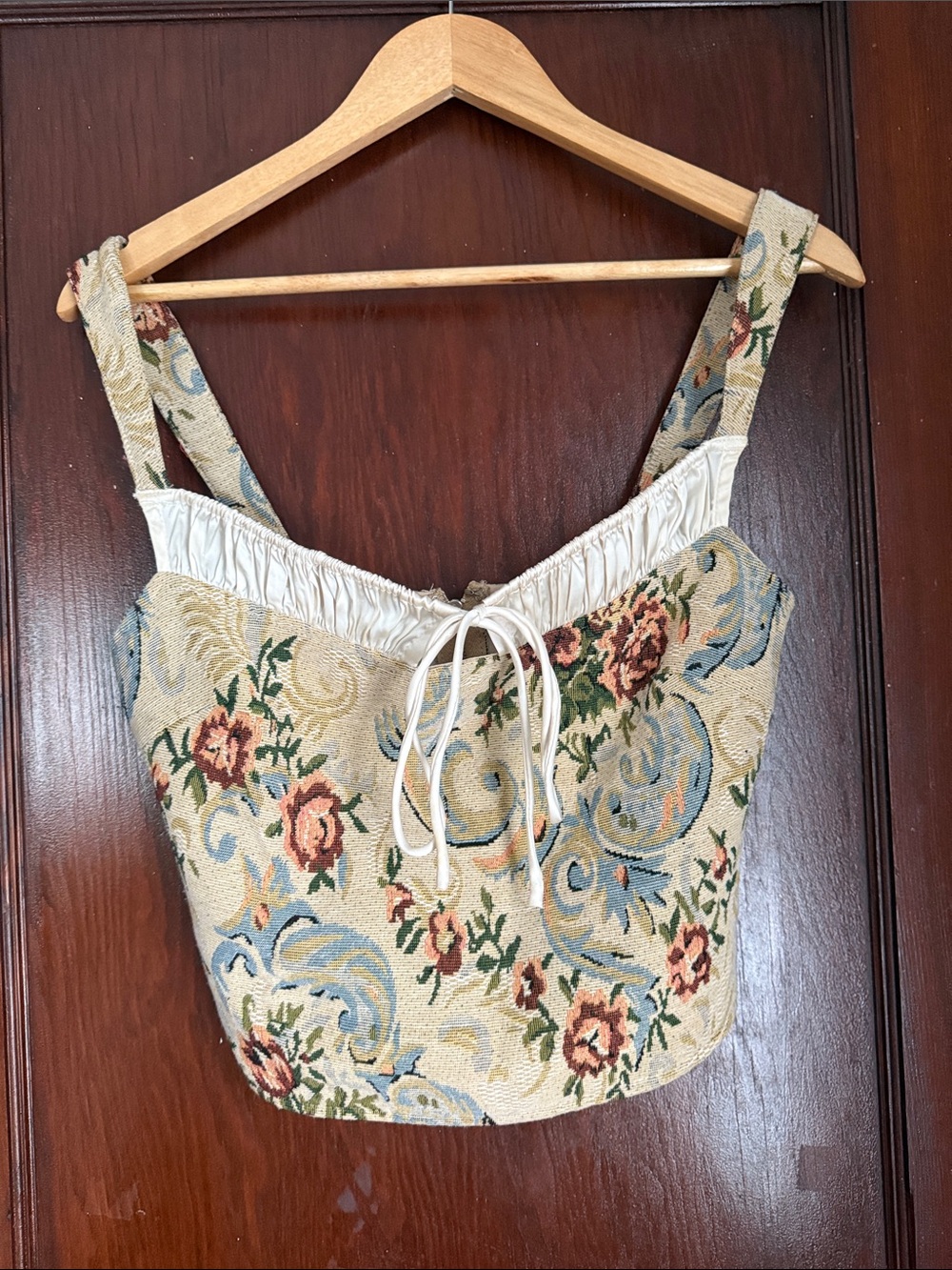 Floral Tapestry Crop Top with Ruched Trim - Cream/Multi